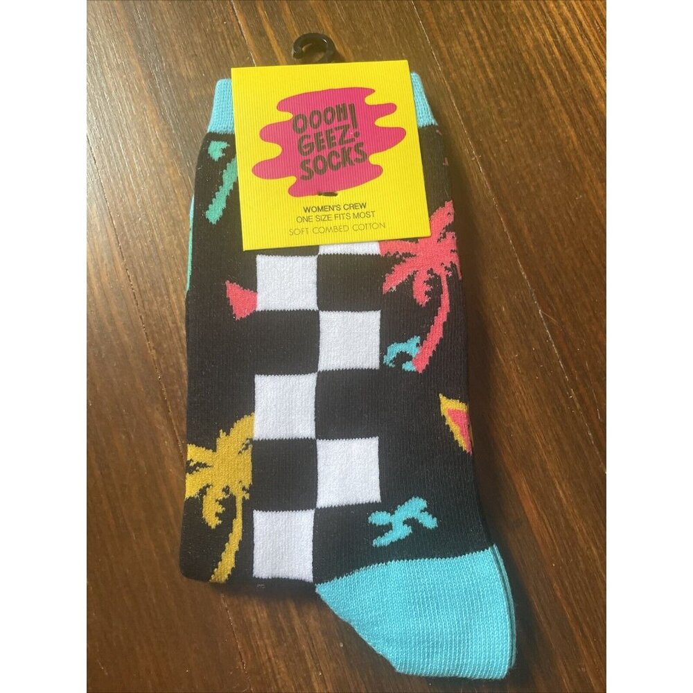 90's Retro Neon Palm Trees Miami Checkerboard Socks Cotton